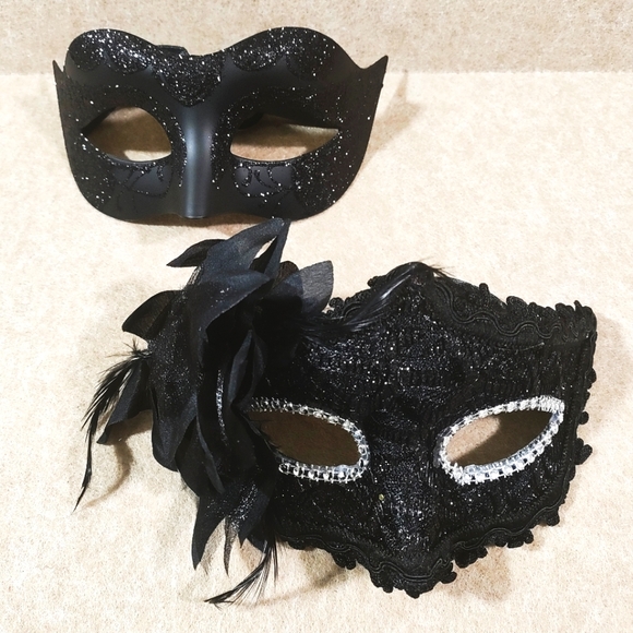 Venetian His and Hers Masquerade Couples Black Mask Set #9 - Picture 1 of 6